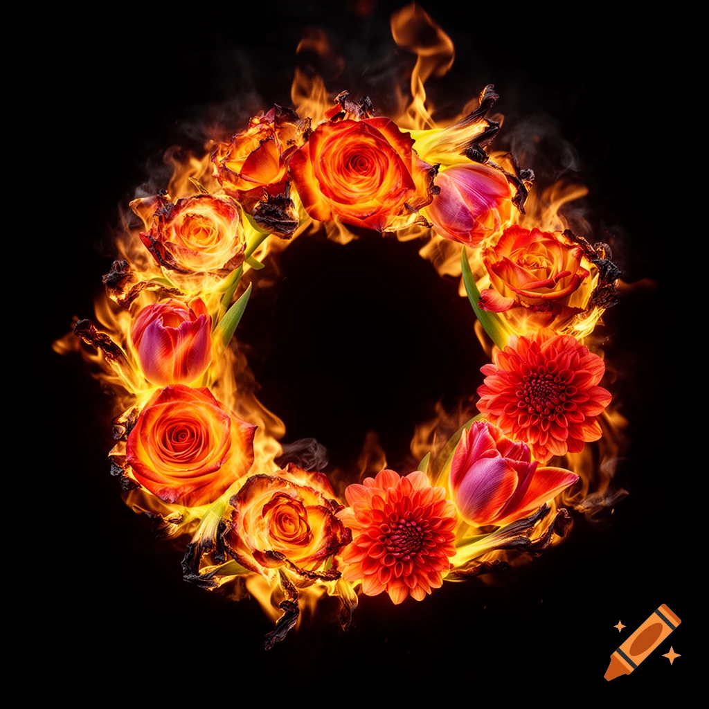 A fiery wreath of burning orange and red roses, tulips, and dahlias against a black background.