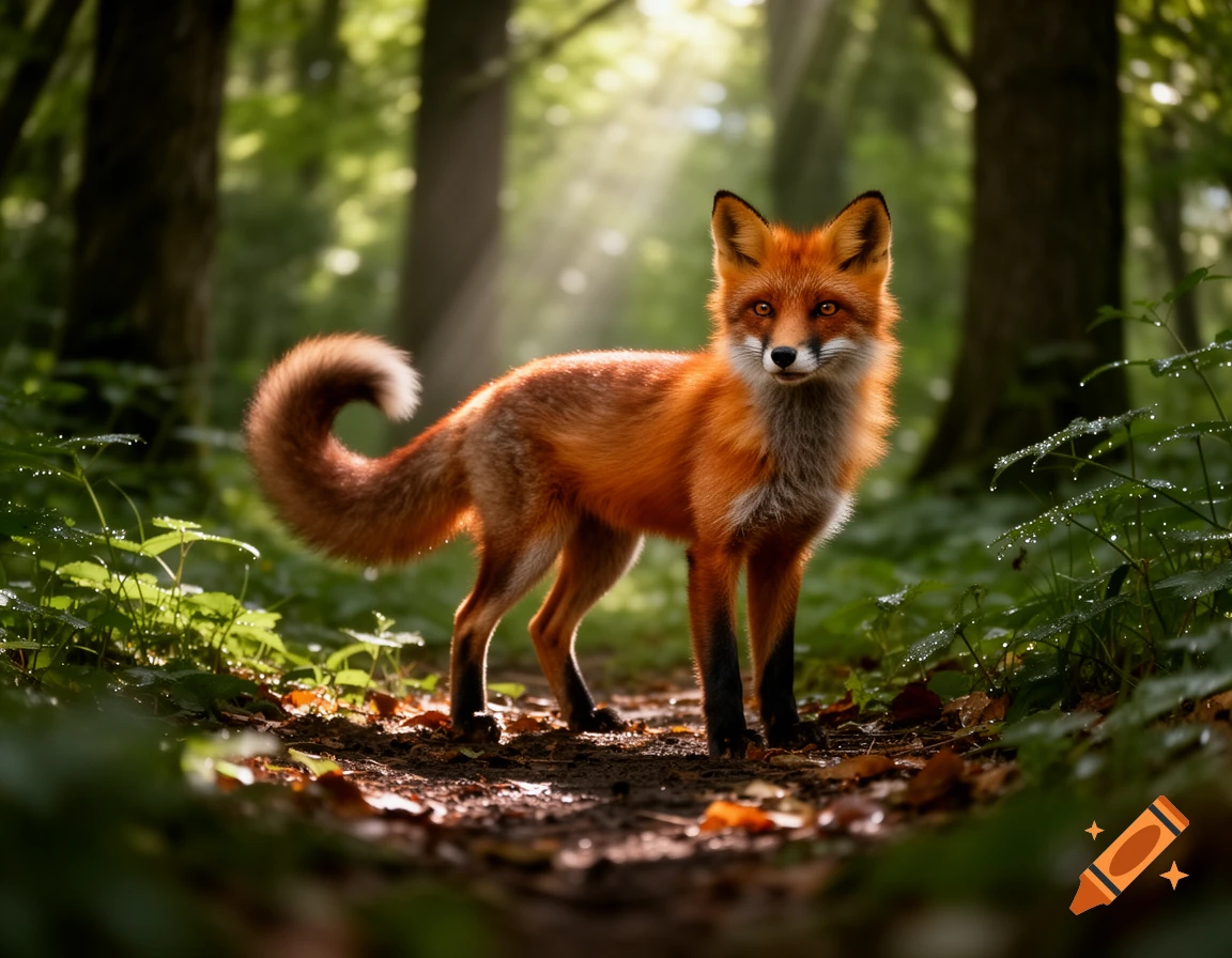 A red fox with a bushy tail stands on a dirt path in a sun-dappled forest.