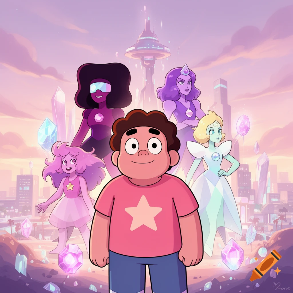 Steven Universe and four Gem characters stand against a futuristic city and sky filled with glowing crystals in a vibrant cartoon style.