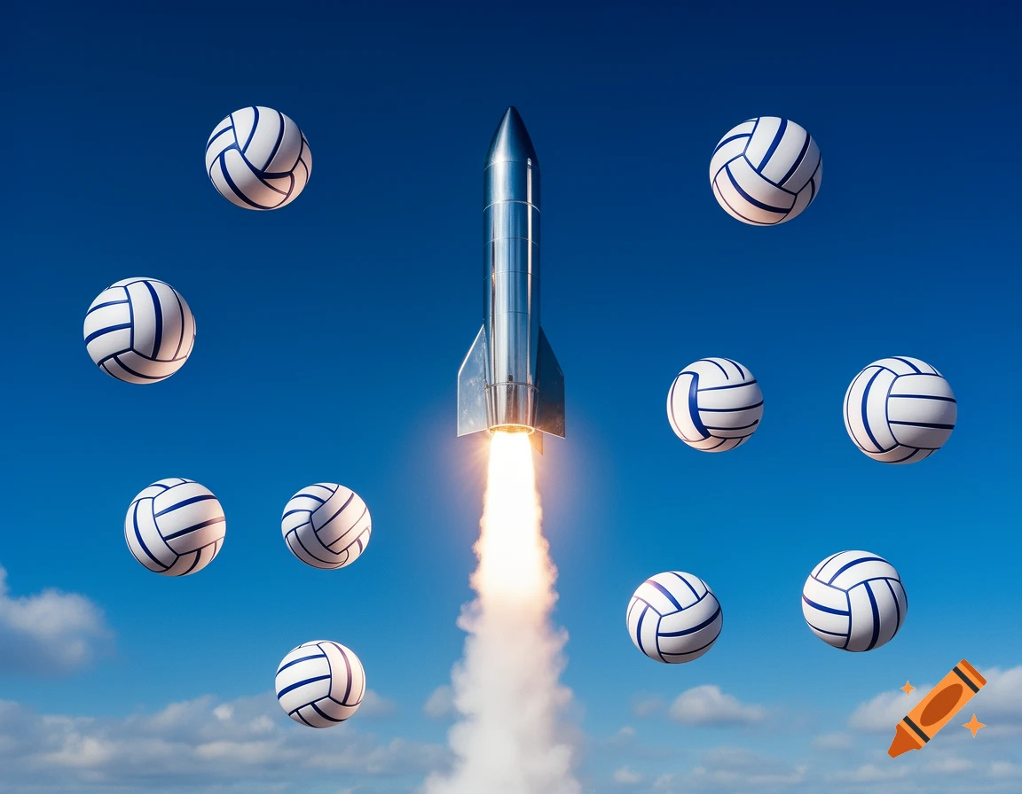 A silver rocket launching with a fiery exhaust, surrounded by multiple white and blue volleyballs in a clear blue sky.