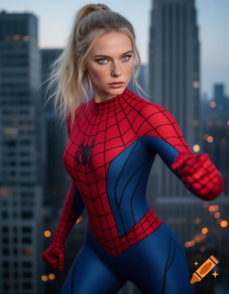 A blonde woman with freckles and blue eyes, wearing a Spiderman suit, poses on a rooftop overlooking a city at dusk. Photorealistic.