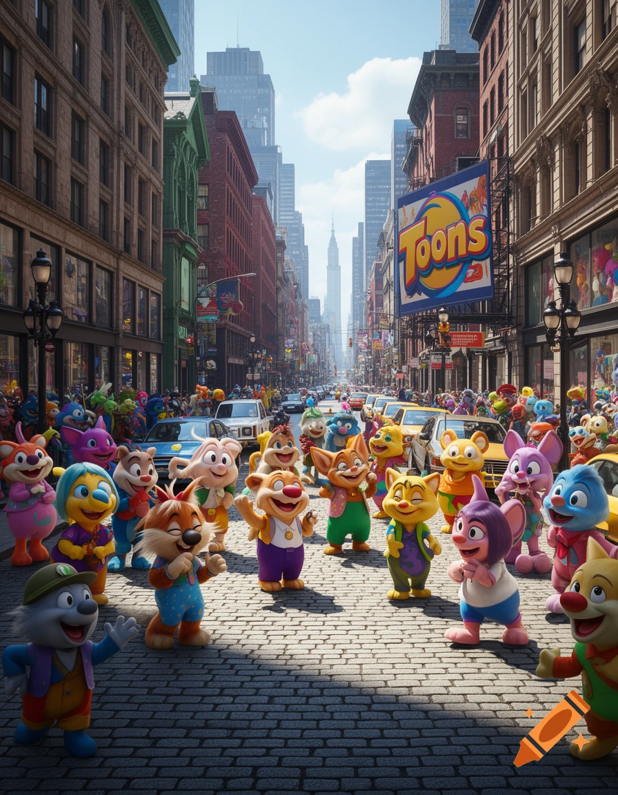 A crowd of colorful cartoon animal characters stand on a cobblestone city street with tall buildings and cars, under a sign reading "Toons".