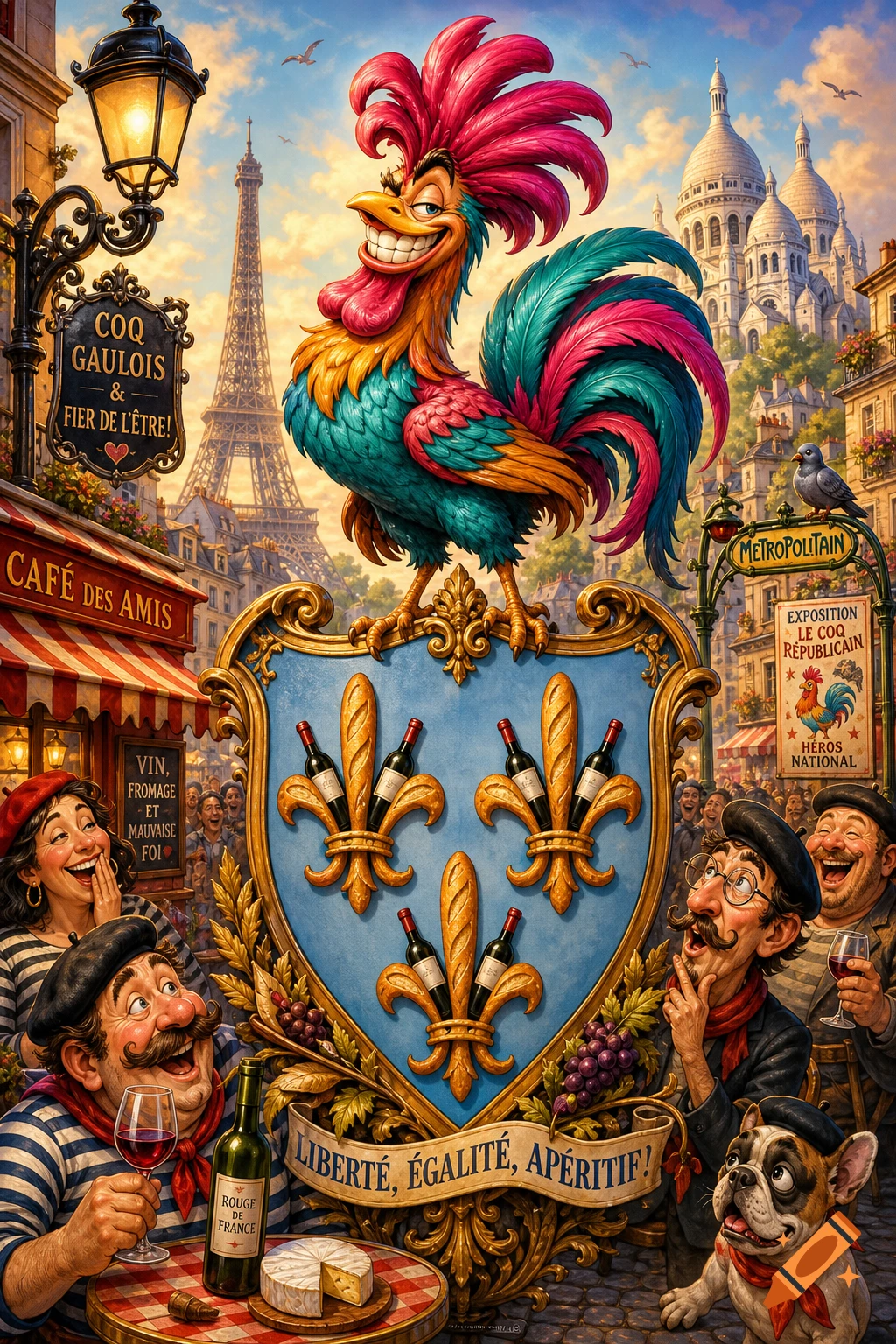 A colorful, cartoonish Gallic rooster stands atop a blue shield in a Parisian street scene. French caricatures, the Eiffel Tower, and Sacré-Cœur basilica are in the background.