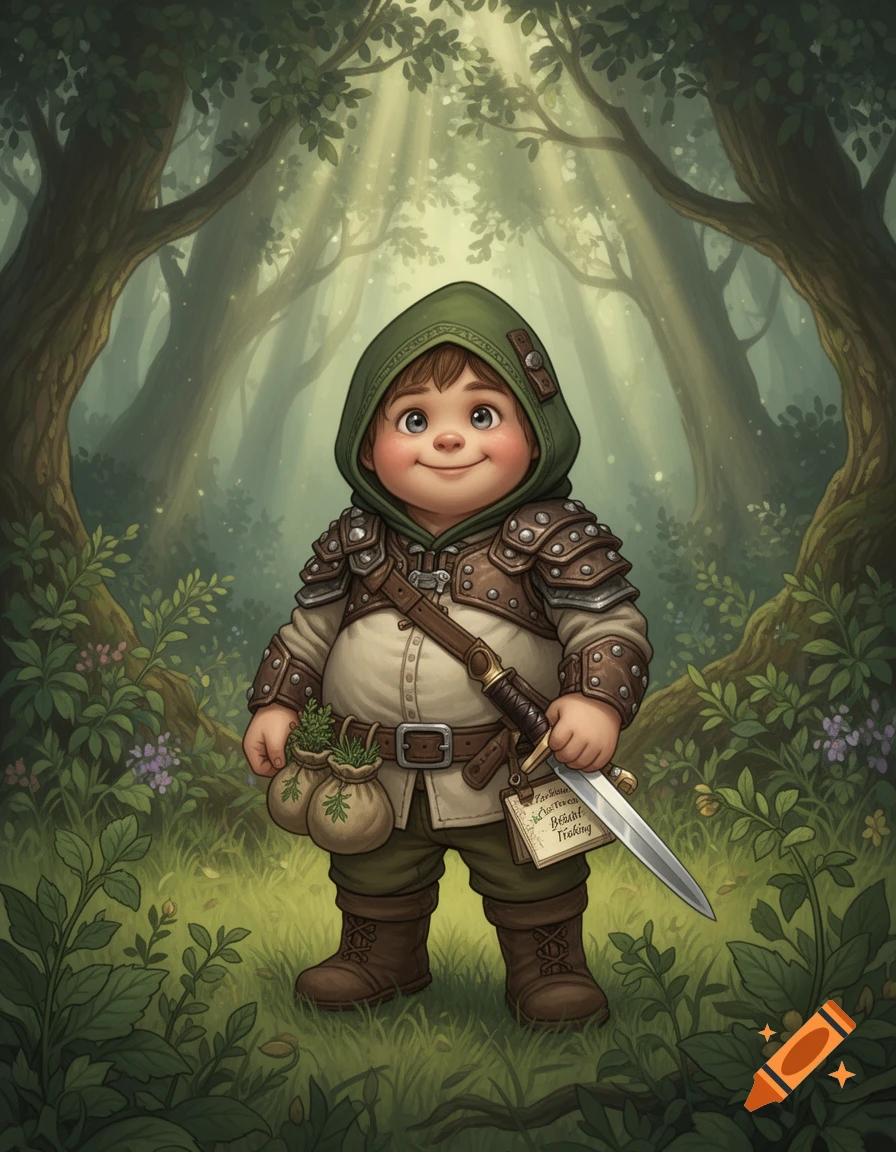 A cute, chubby halfling character in a green hood and studded leather armor holds a shortsword in a magical forest.