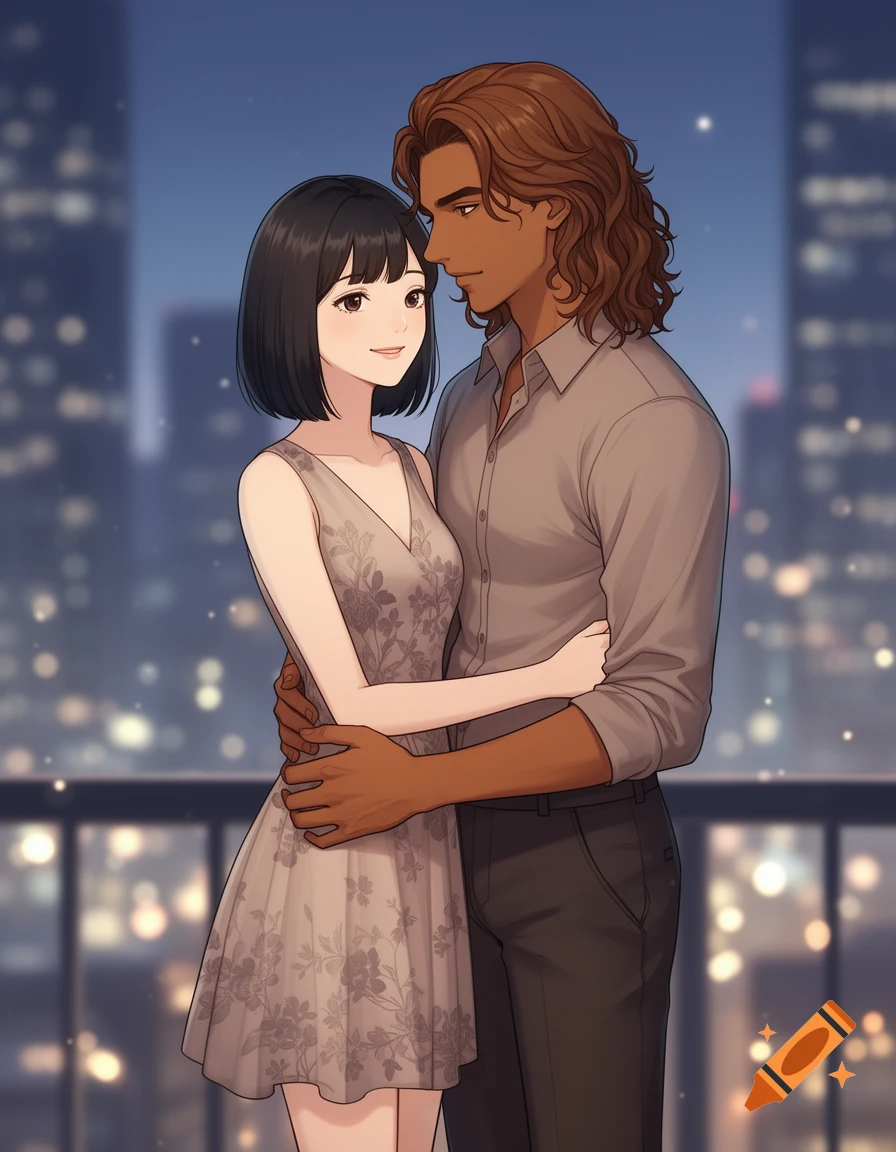 An anime illustration of an Asian woman and a Latino man embracing against a blurry city night skyline.
