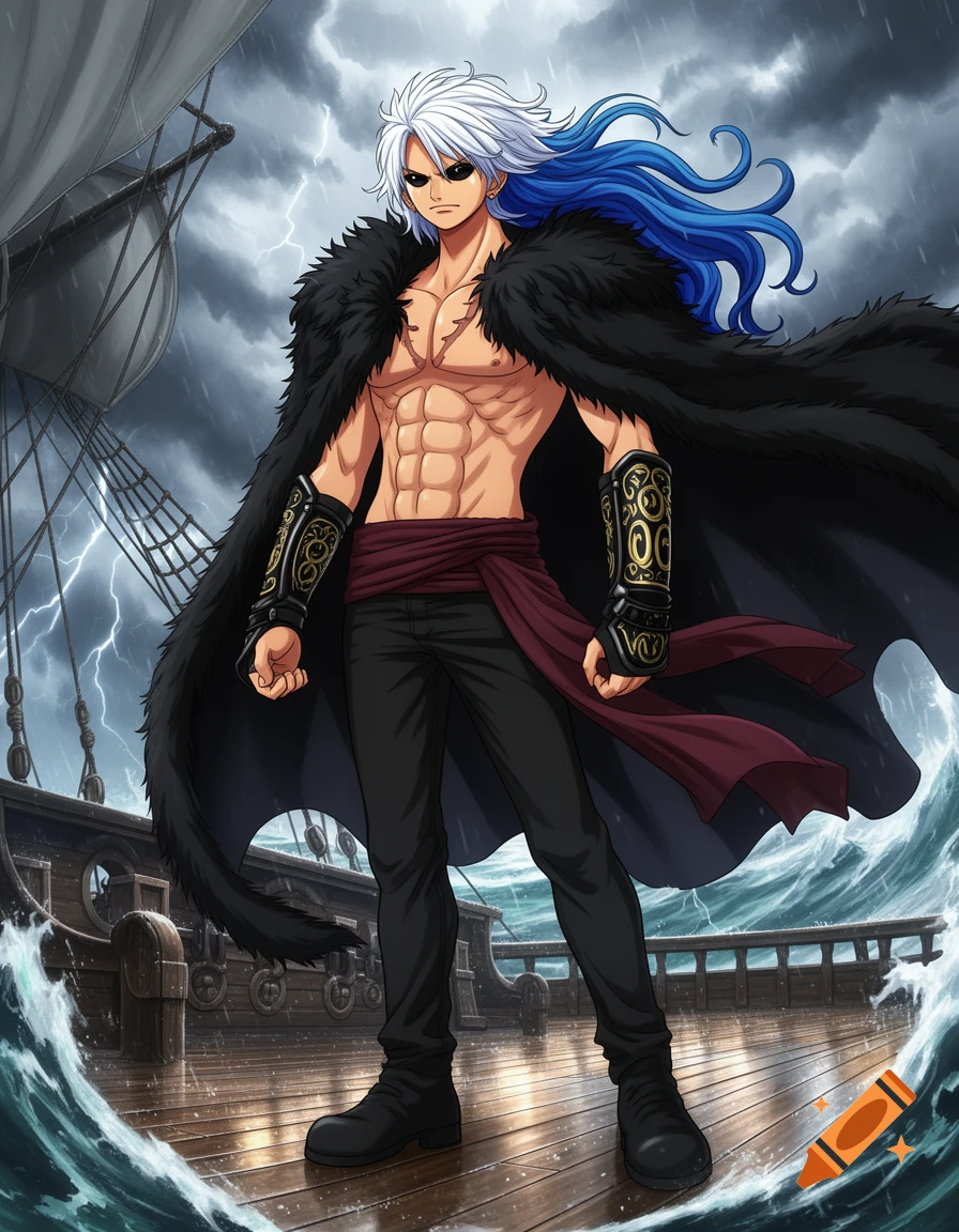 Anime male character with white and blue hair, pitch-black eyes, fur coat, and gauntlets, stands on a stormy pirate ship deck.