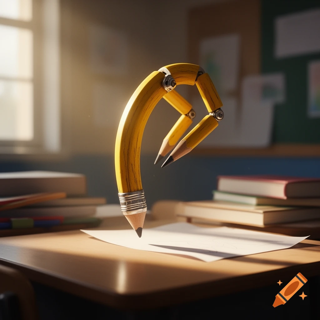A flexible, articulated yellow pencil bends over a blank sheet of paper on a classroom desk, with sunlight streaming from a window.