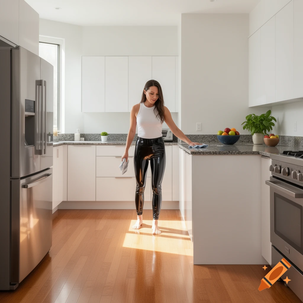 A woman in a white tank top and shiny black PVC leggings wipes a counter in a modern kitchen.