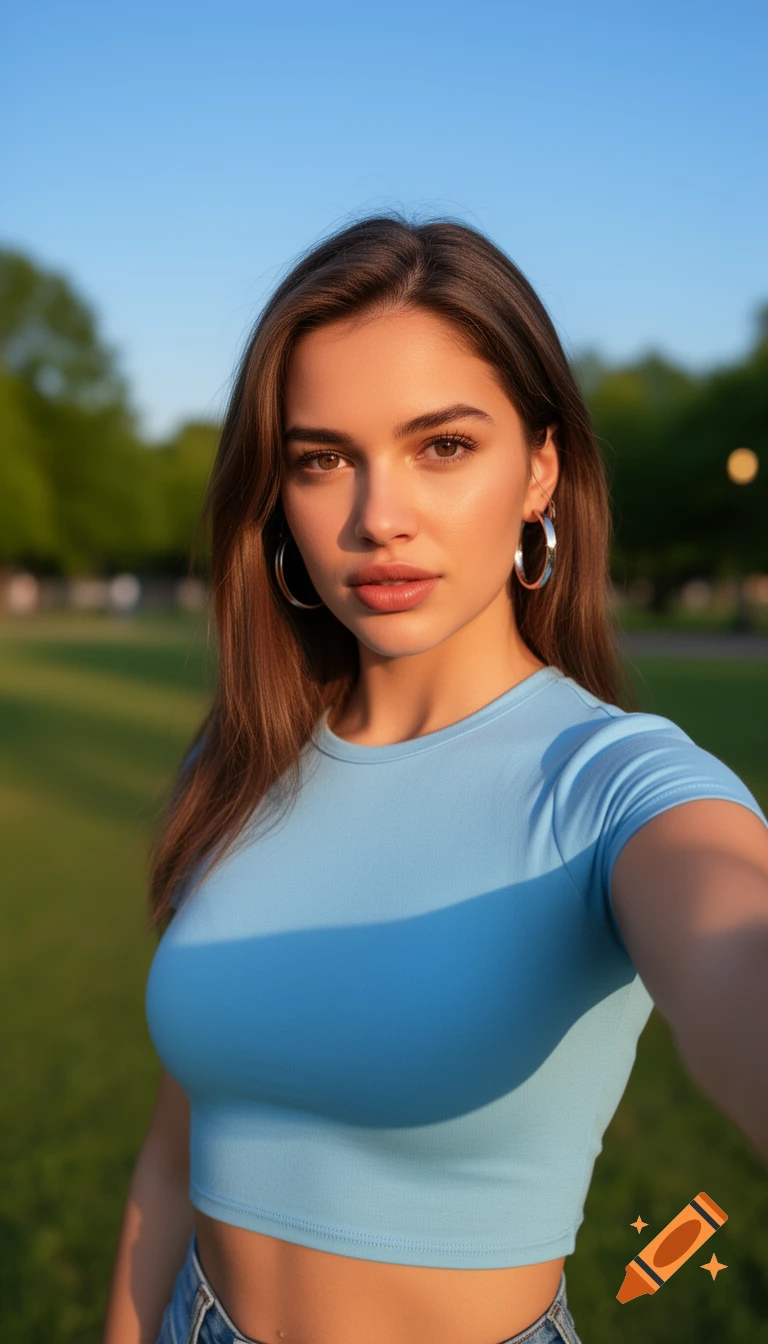 Photorealistic selfie of a young woman in a light blue crop top and hoop earrings, outdoors during golden hour.