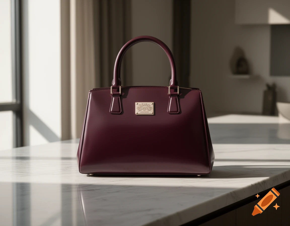 A dark red patent leather handbag with a gold plaque sits on a white marble countertop, illuminated by sunlight from a window.