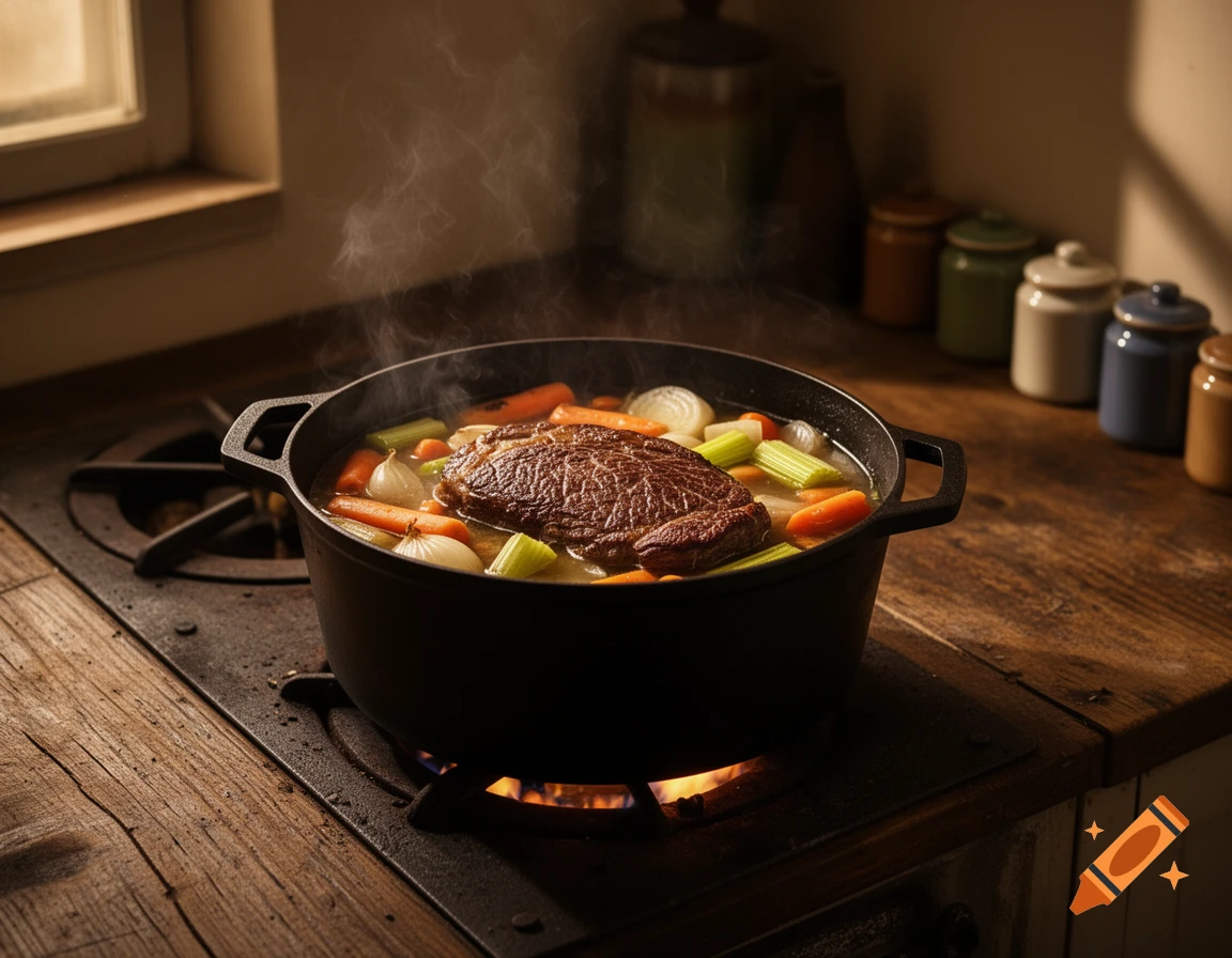 A pot of beef stew with carrots, celery, and onions simmering on a gas stove in a rustic kitchen, with steam rising.