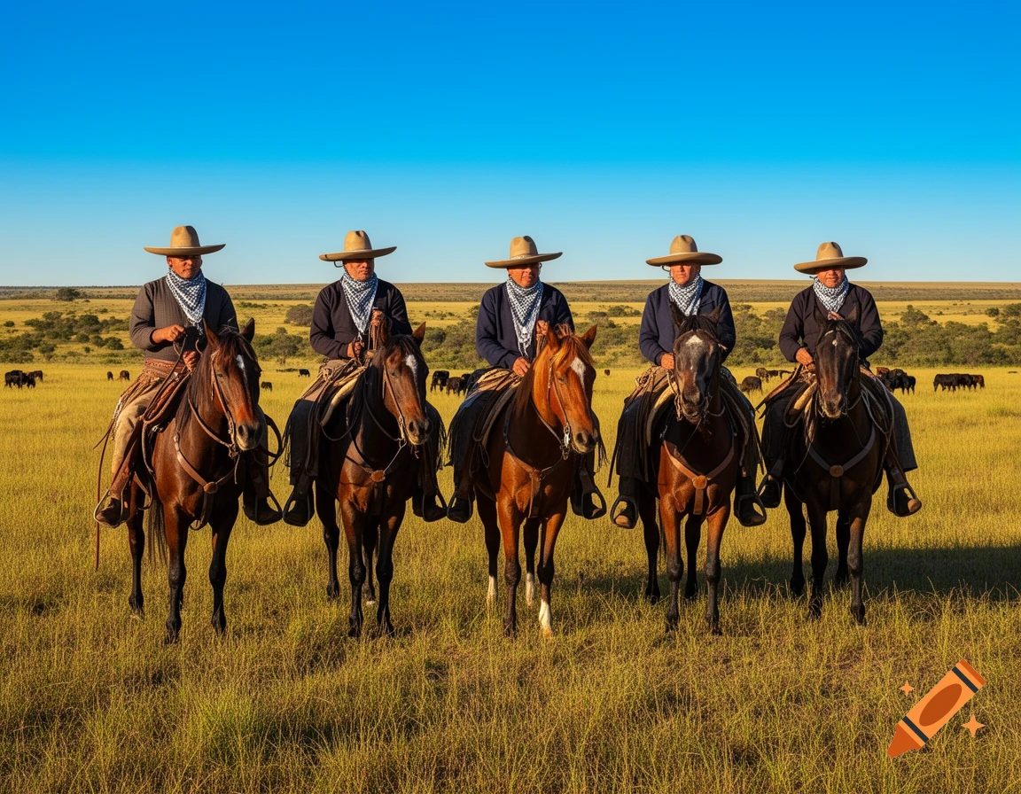 Five gauchos on horseback stand in a sunlit golden field with cattle in the distance under a clear blue sky.
