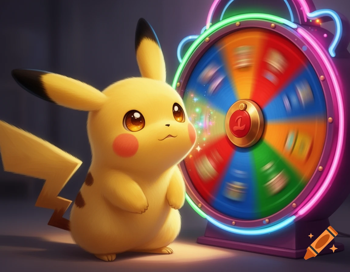 A cute, fluffy Pikachu stares wide-eyed at a brightly lit, colorful spinning prize wheel, rendered in a soft, illustrative style.