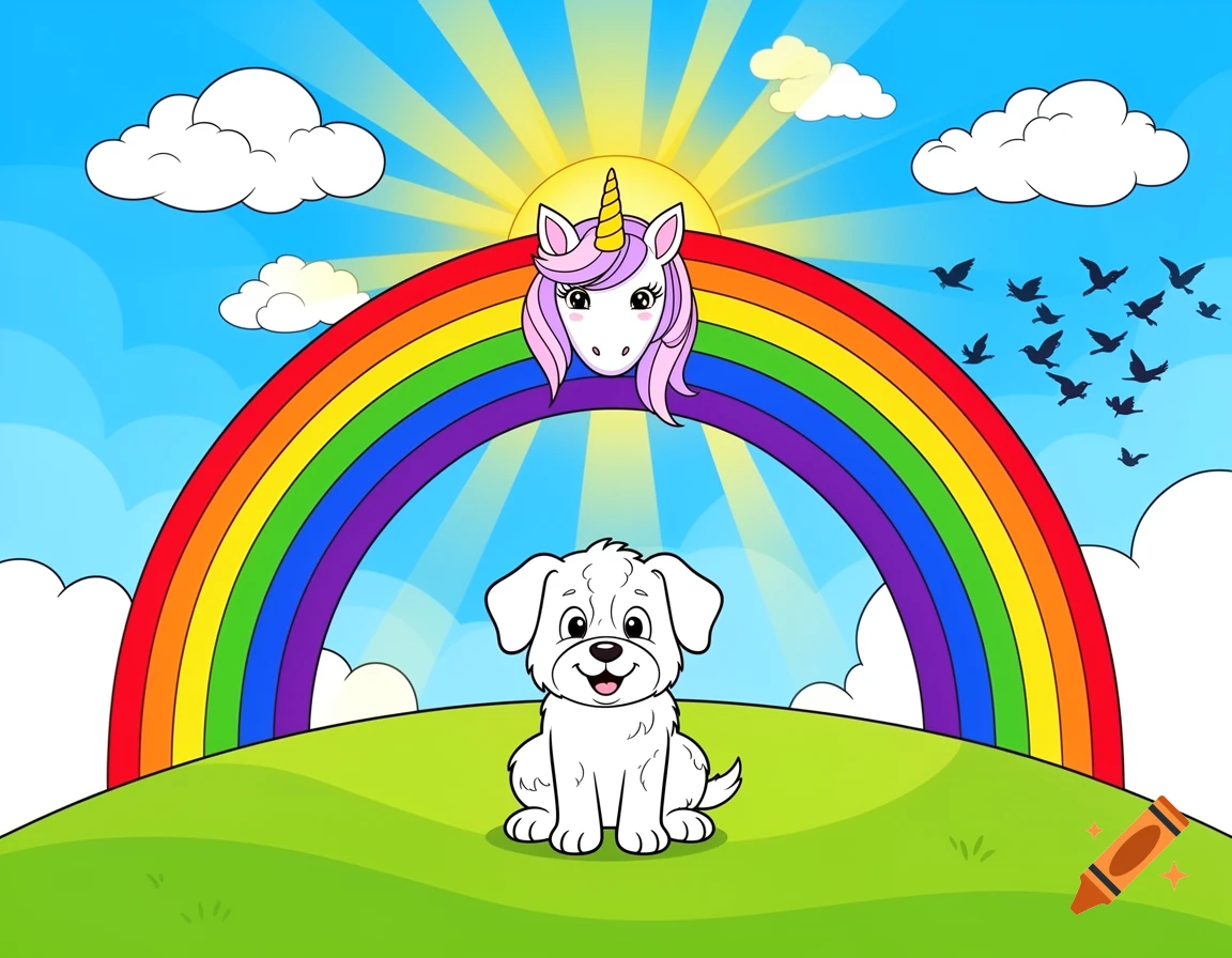 A white cartoon dog sits on green grass under a rainbow with a unicorn head, sun, clouds, and flying birds in a blue sky.