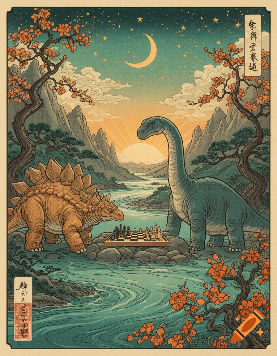 Ukiyo-e print of a Stegosaurus and Brontosaurus playing chess by a river with mountains, sunset, moon, and cherry blossoms.