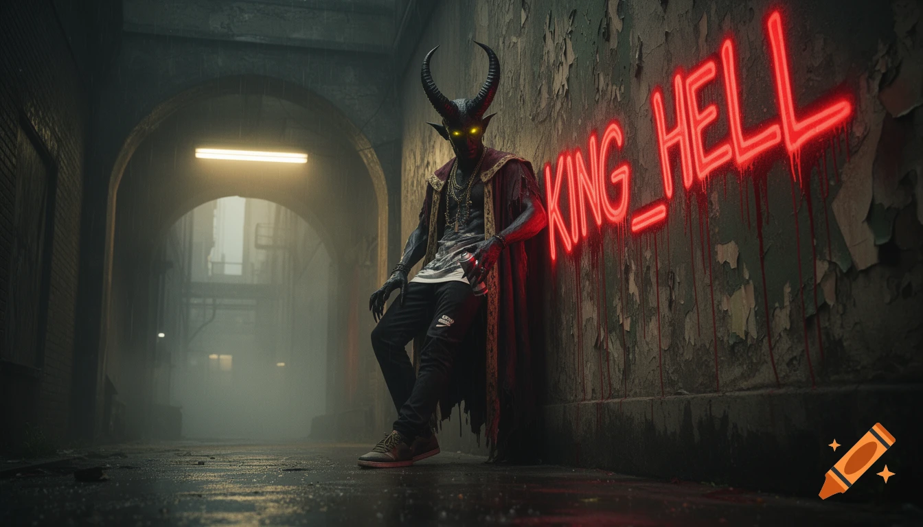 A devil-like figure with horns and glowing yellow eyes leans against a grunge wall in a foggy alleyway. Neon red text reads "KING HELL".