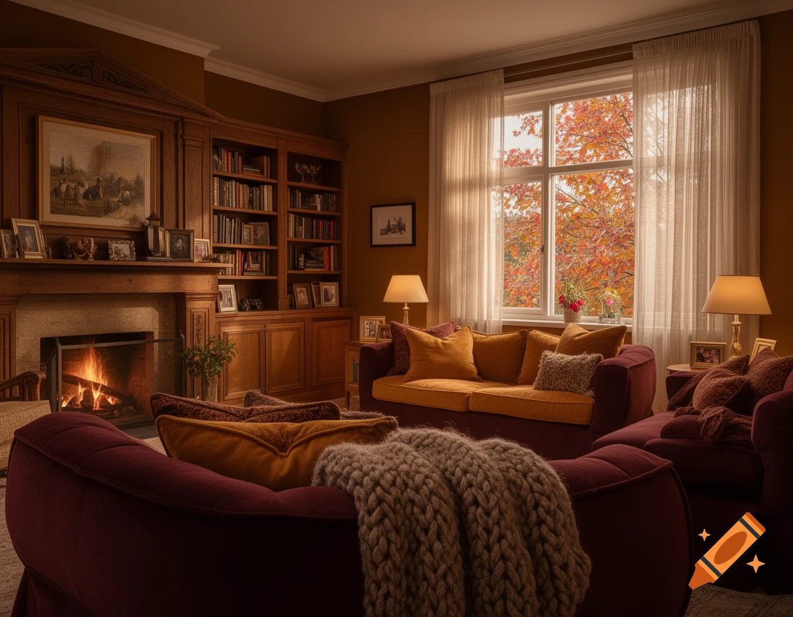 A cozy living room with a fireplace, bookshelves, and two burgundy sofas with mustard yellow pillows, looking out a window at vibrant autumn trees.