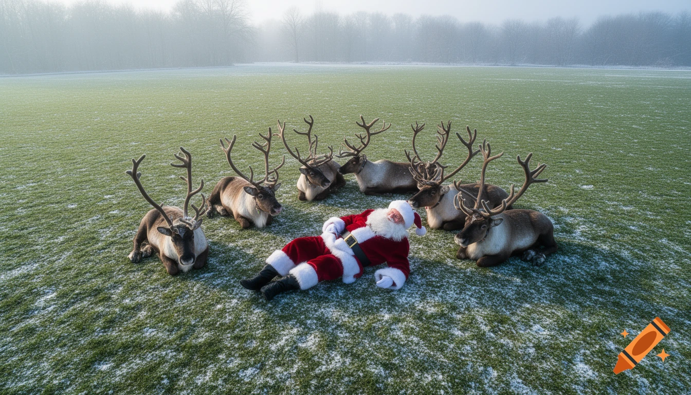Photorealistic aerial view of Santa Claus lying on his back surrounded by six reindeer in a snowy green field.
