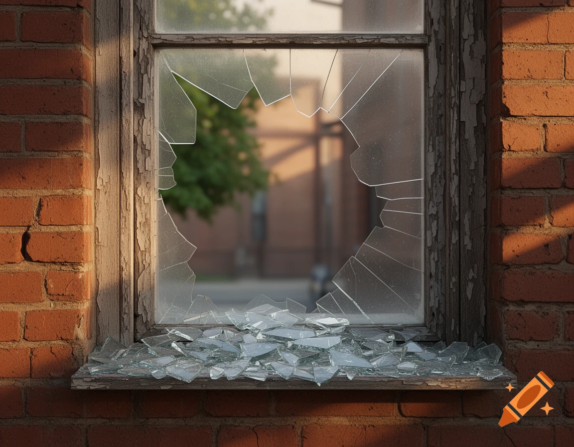 A close-up, photorealistic shot of an old broken window with shattered glass on the sill, set in a weathered brick wall.