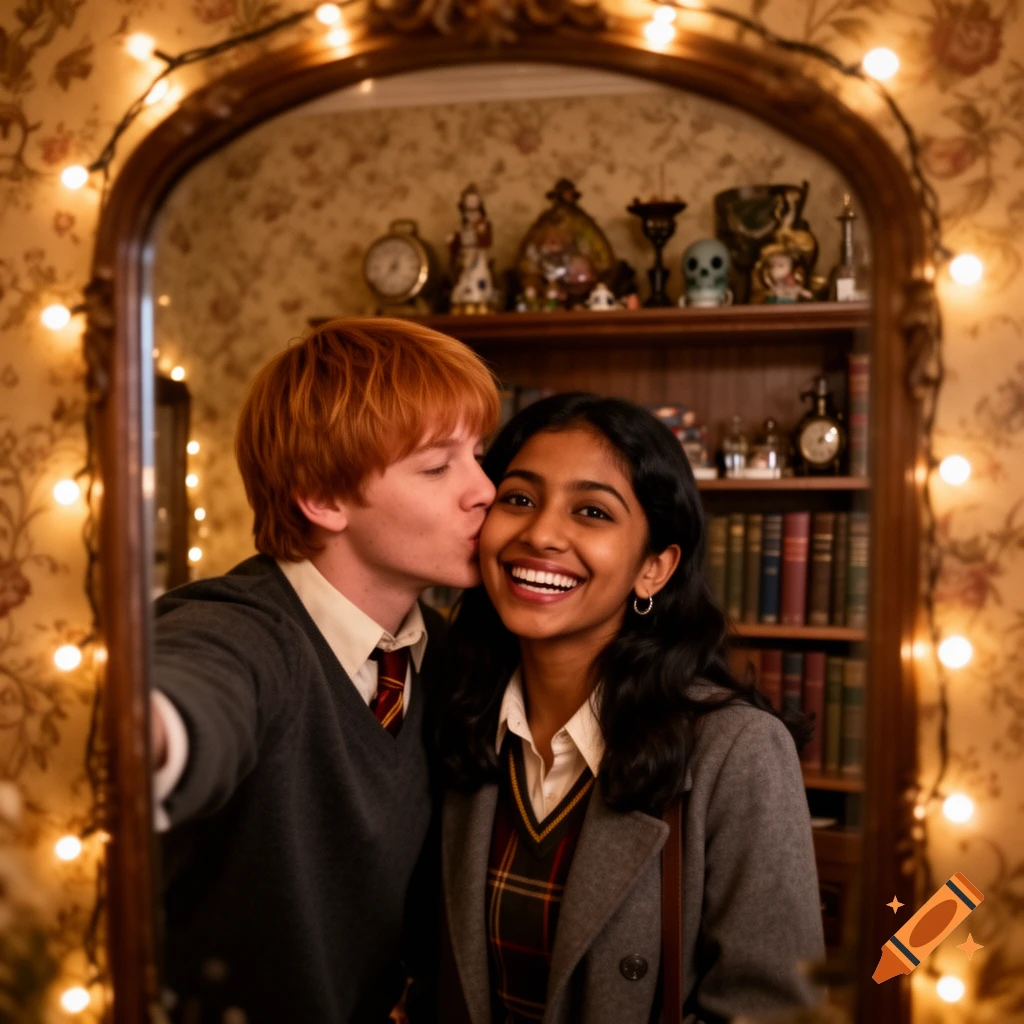 A red-haired man kisses a dark-haired woman on the cheek, smiling, reflected in a mirror adorned with string lights. They wear school uniforms.