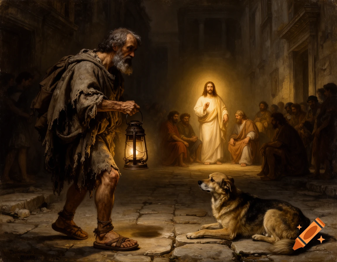 A dark, Rembrandt-style painting shows Diogenes with a lantern looking at Jesus, who is teaching his disciples in a street. A dog lies nearby.