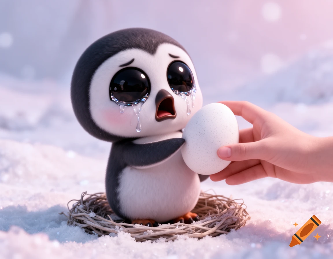 A sad, crying chibi penguin with huge glossy eyes sits in a nest in the snow as a human hand takes its egg, in a soft 3D digital art style.