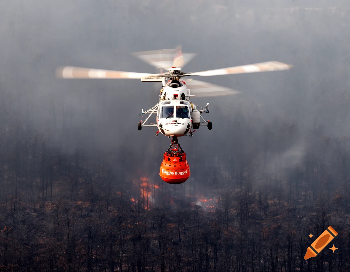 A white firefighting helicopter with an orange Bamby Bugget water bucket flies over a smoky forest fire.