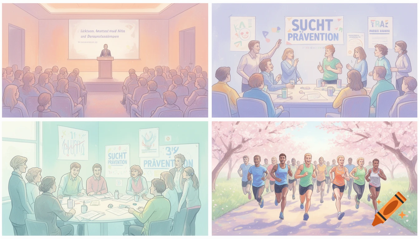 Four pastel illustrations in a grid: a lecture on mental health, two addiction prevention group meetings, and a diverse group of people running outdoors.