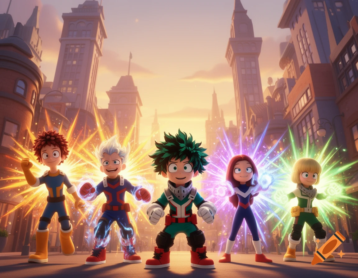 Five stylized anime superhero characters with colorful energy bursts stand in a city street, inspired by early 2000s Pixar.