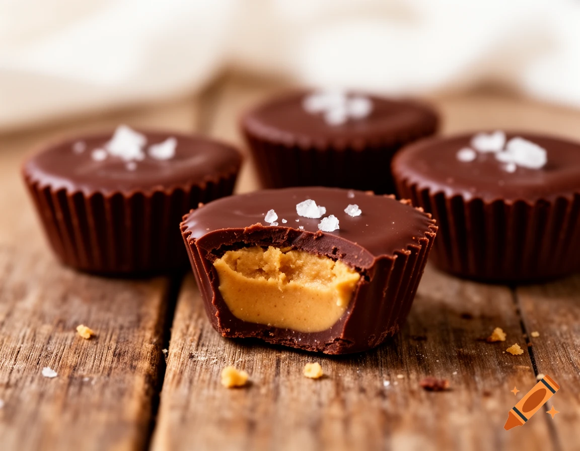 Close-up of three chocolate peanut butter cups with sea salt on a rustic wooden surface, one bitten to reveal the peanut butter filling.