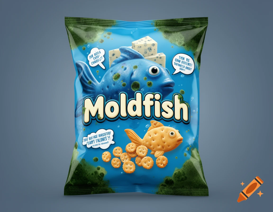 A blue package of 'Moldfish' crackers, featuring a blue fish with green spots, cheese cubes, and Goldfish-like crackers, against a blue background with green mold-like textures.