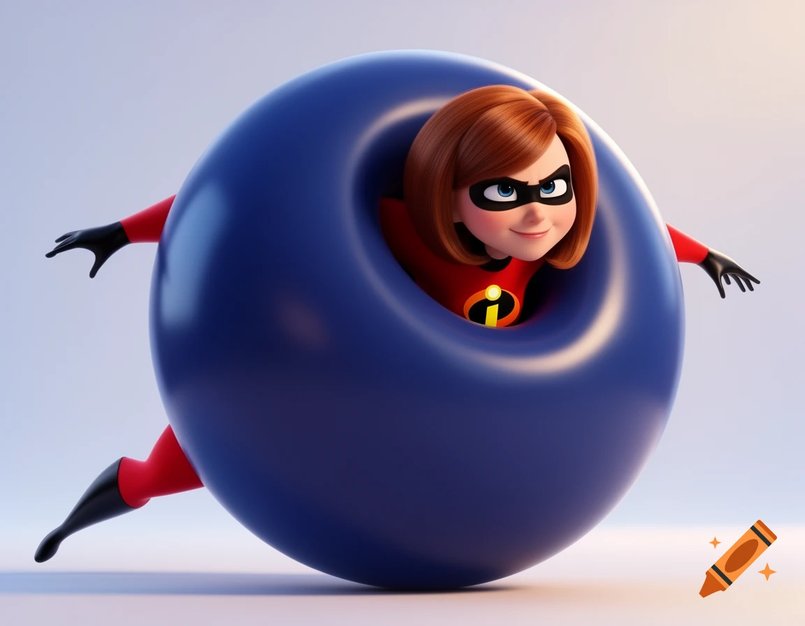 Elastigirl from The Incredibles, inflated into a large blue sphere, with her head, arms, and legs emerging, in a vibrant 3D animated style.