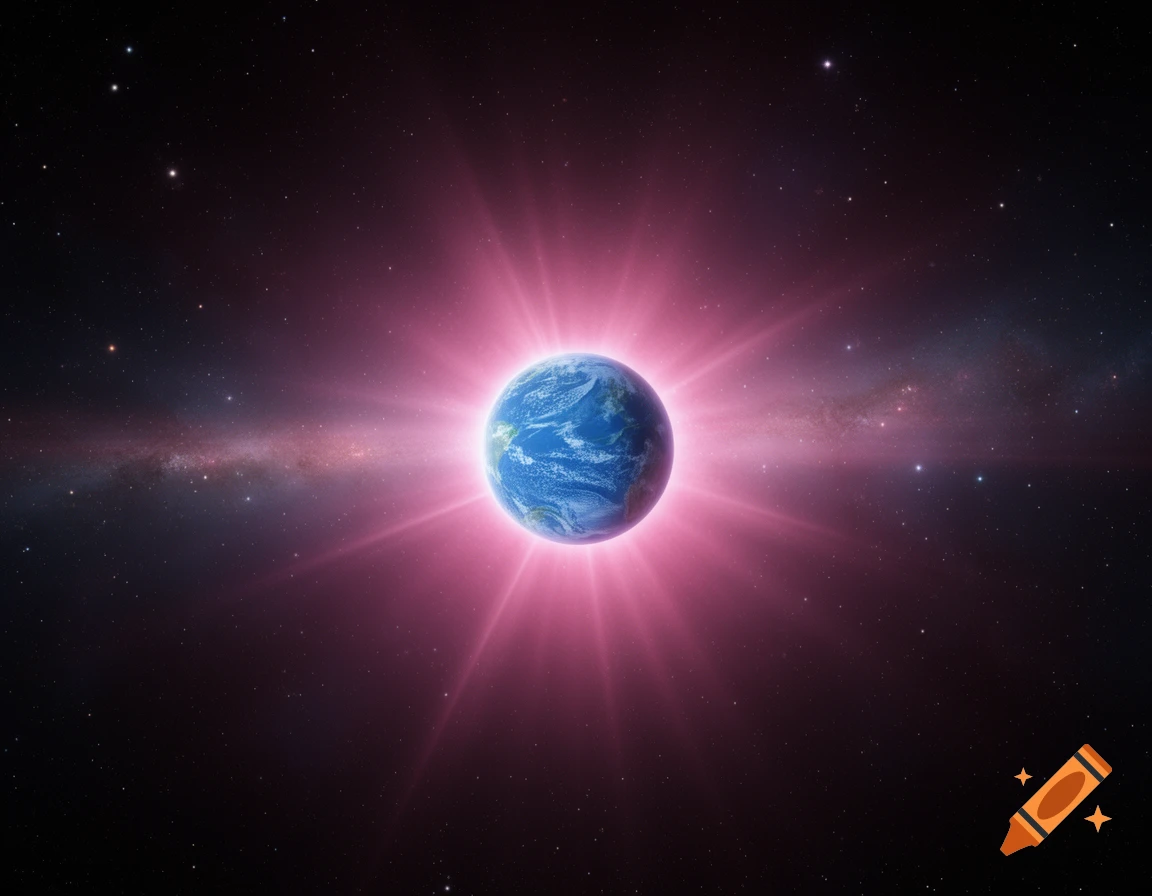 A blue planet glowing brightly with a pink aura, set against a dark, star-filled galaxy.