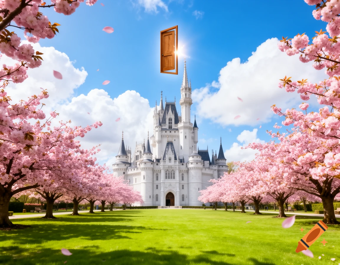 A tall white castle on bright green grass, surrounded by pink cherry blossom trees under a blue sky, with a glowing wooden door floating above.