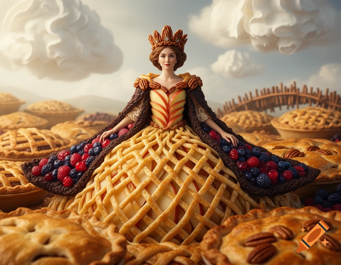 A photorealistic queen with a pie-crust dress adorned with berries and a crown stands in a field of baked pies.