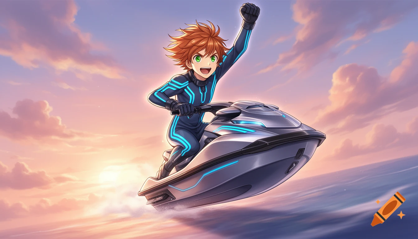 An anime boy with orange hair and a blue suit joyfully rides a futuristic jet ski over waves at sunset, fist raised in excitement.