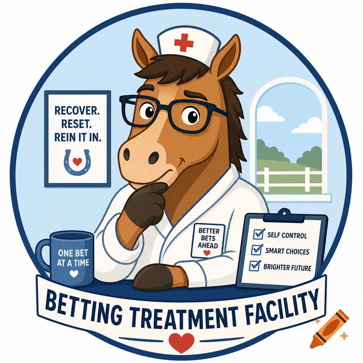 A cartoon horse nurse with glasses sits at a desk in a "Betting Treatment Facility" icon, thinking, with motivational text.