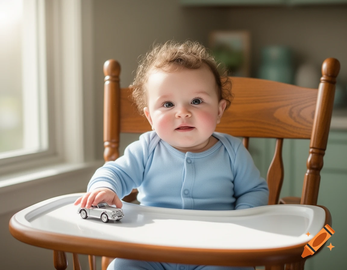 A happy baby boy with curly hair in a light blue onesie sits in a wooden high chair, playing with a silver toy car.
