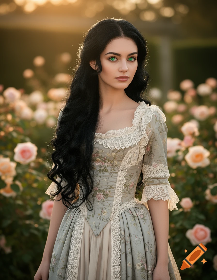 A young woman with long black hair and striking green eyes wears a Regency-style floral dress in a rose garden at sunset.