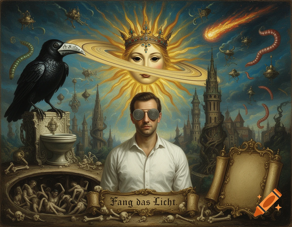 Surreal Baroque oil painting featuring a man in spiral sunglasses, a Sun Queen with a Saturn ring, a raven-plague doctor, a pit of struggling figures, and Gothic towers, with the inscription "Fang das Licht".