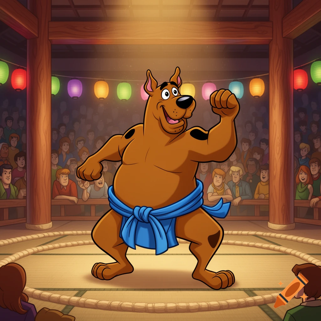 Cartoon Scooby-Doo as a sumo wrestler flexing in a ring, surrounded by a crowd and colorful lanterns in a Japanese-style building.
