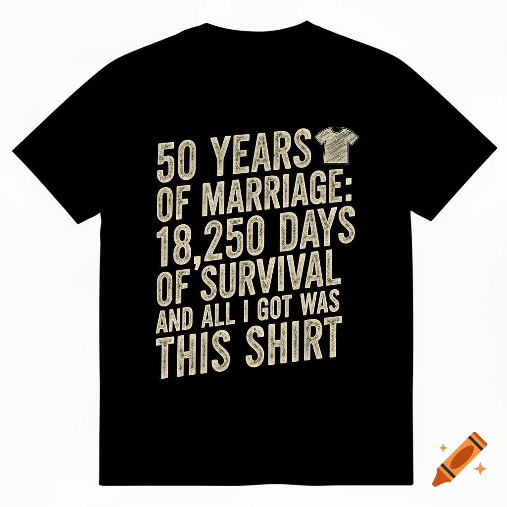 A black t-shirt with white distressed text that reads '50 YEARS OF MARRIAGE: 18,250 DAYS OF SURVIVAL AND ALL I GOT WAS THIS SHIRT', with a small shirt icon.