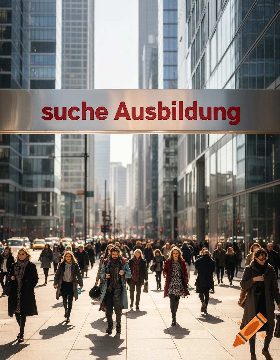 Photorealistic image of people walking on a sunny city street lined with tall buildings. An overhead sign says 'suche Ausbildung'.