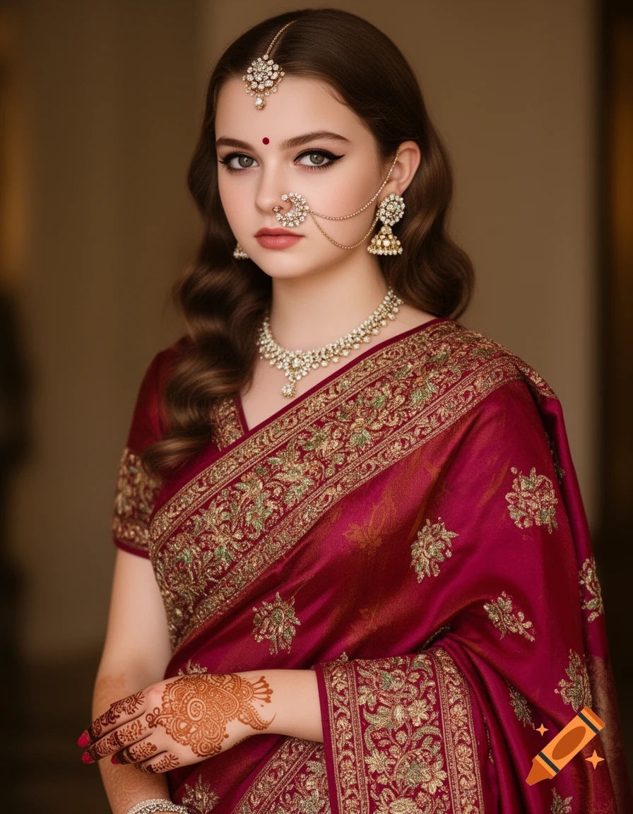Young woman in a red traditional Indian sari with gold embroidery, elaborate diamond and gold jewelry, henna, and kohl-lined eyes.