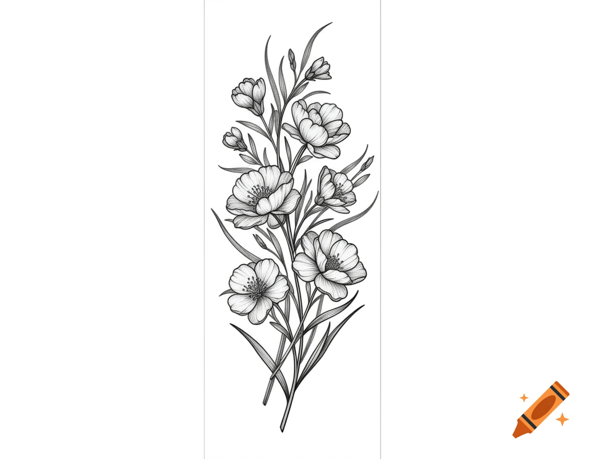 A detailed black and white line art drawing of a bouquet of delicate flowers with leaves and buds.