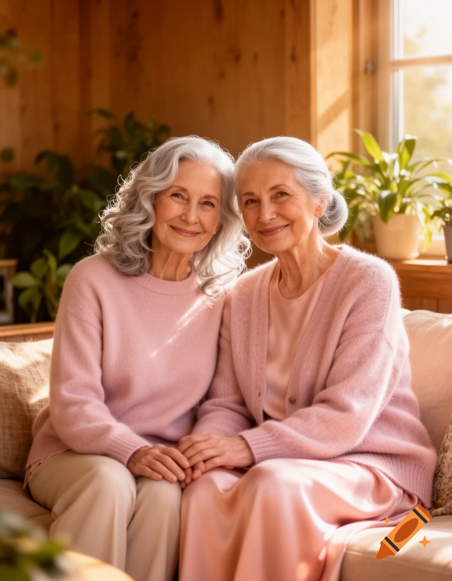 A photorealistic portrait of two smiling older women with gray hair, wearing pink sweaters, sitting on a couch in a sunlit room.