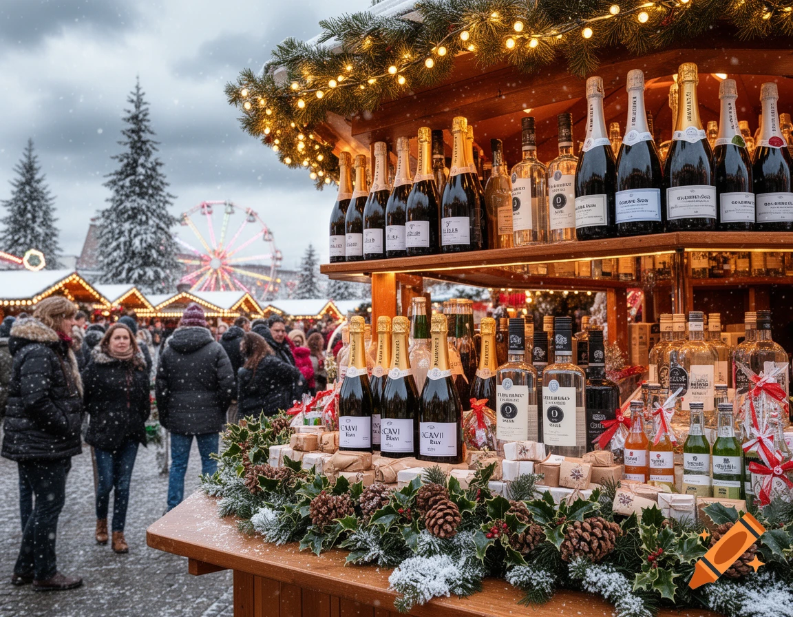 A snowy Christmas market stall with twinkling lights and greenery displays champagne and vodka bottles, with people and a Ferris wheel in the background.