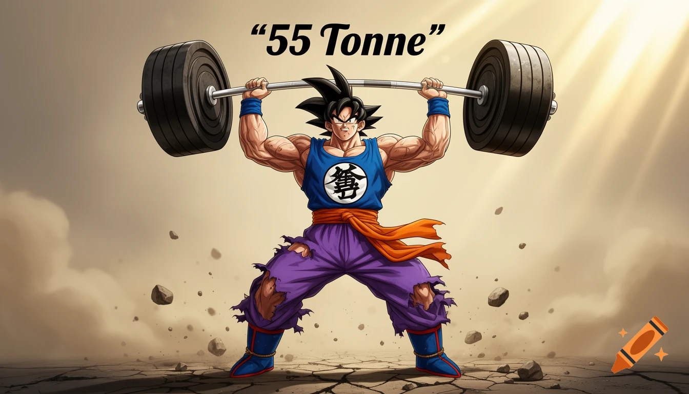 An anime-style illustration of a muscular Goku-like character overhead pressing a massive barbell with '55 Tonne' text, amidst flying debris.