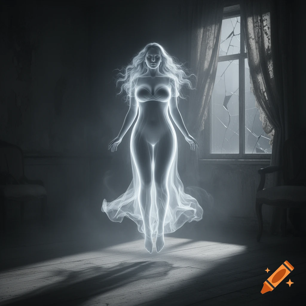 A glowing, translucent female ghost hovers in a dark, decaying room with a broken window, rendered in a photorealistic, eerie style.