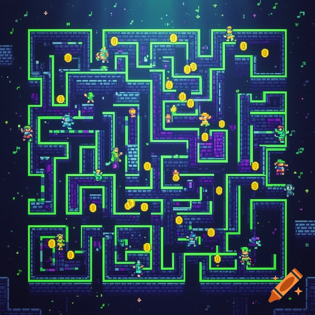 A colorful, pixelated maze with glowing green paths, small characters, and gold coins, styled like a retro video game.